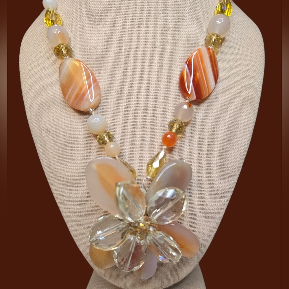 Banded Carnelian Agate, Stones And Glass Statement Necklace